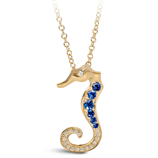 Seahorse Pendant Blue Sapphire, Diamond, and Yellow Gold